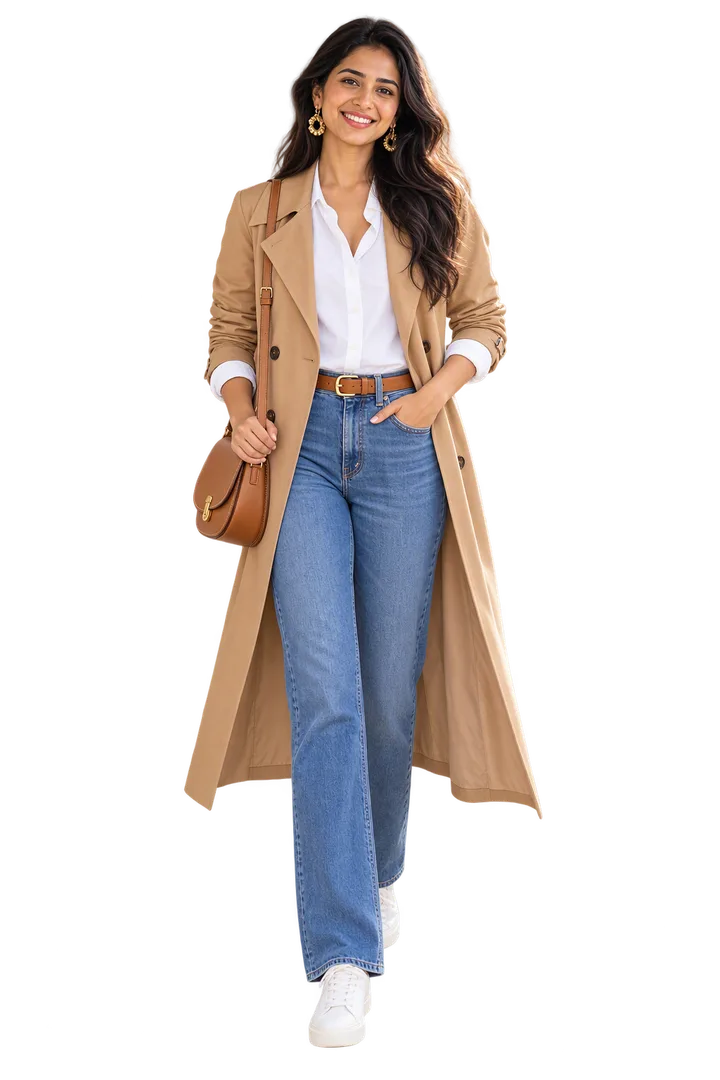 A woman in a white shirt, blue jeans and a camel trench coat.