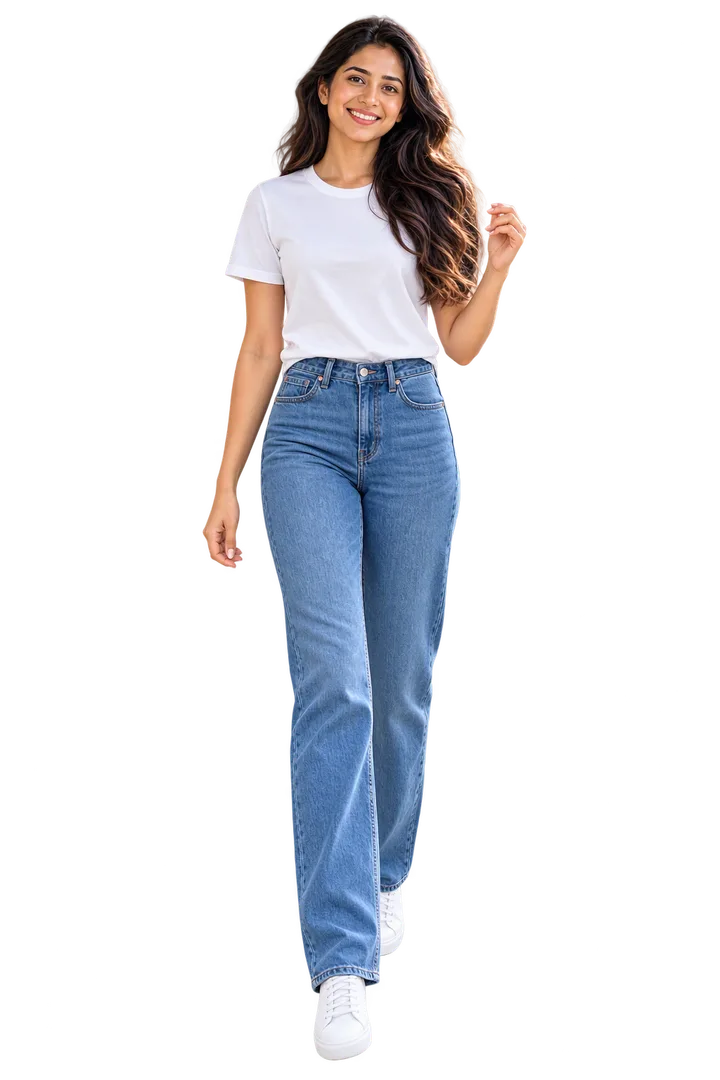 A woman in a white t-shirt, blue jeans and white sneakers.