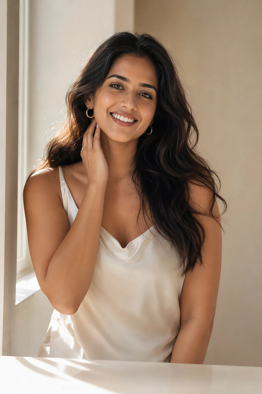 A close portrait of her by a window, smiling, with fresh skin and neat hair.
