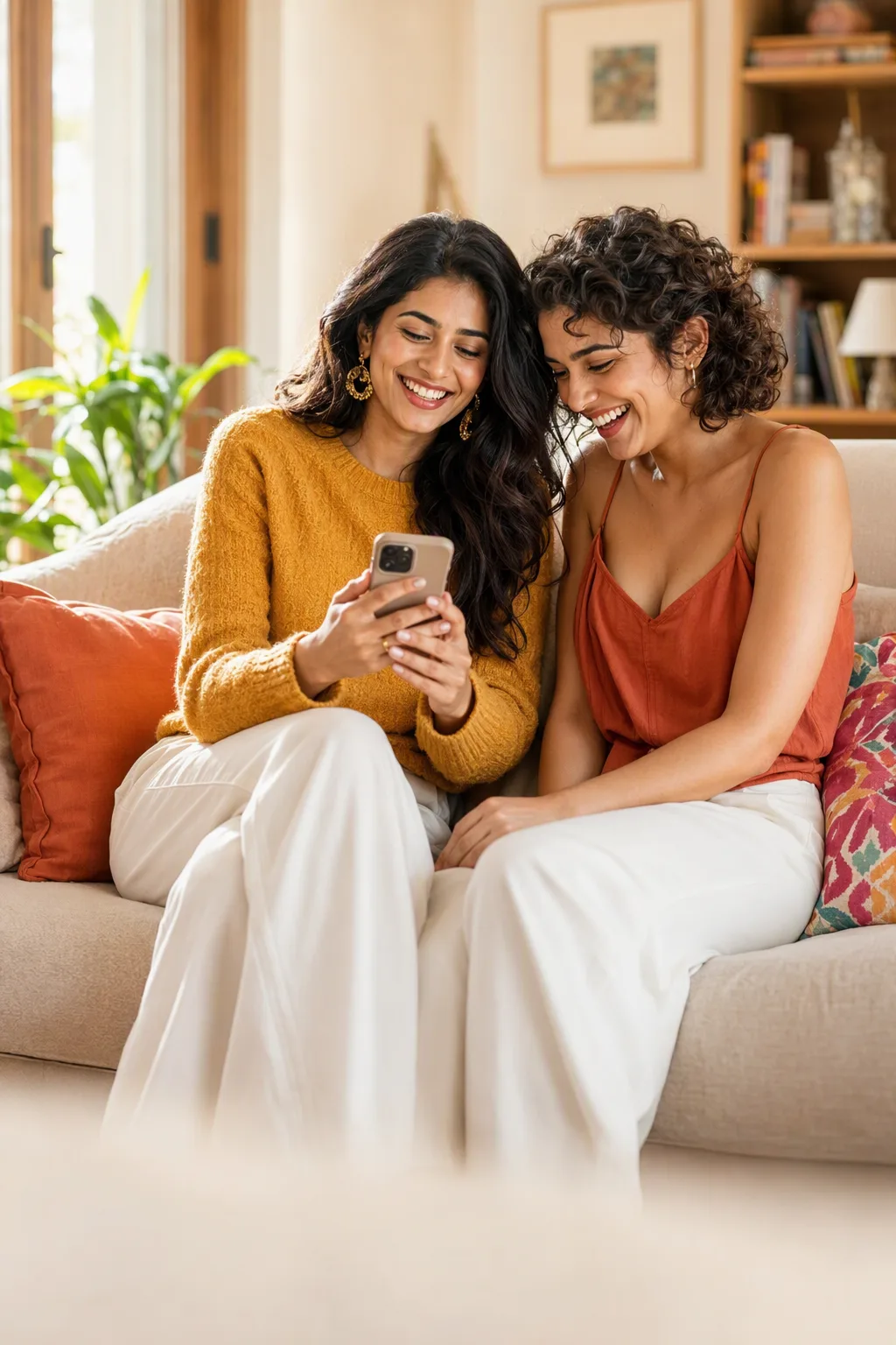 She sits on a sofa with a friend. They look at her phone together and laugh.
