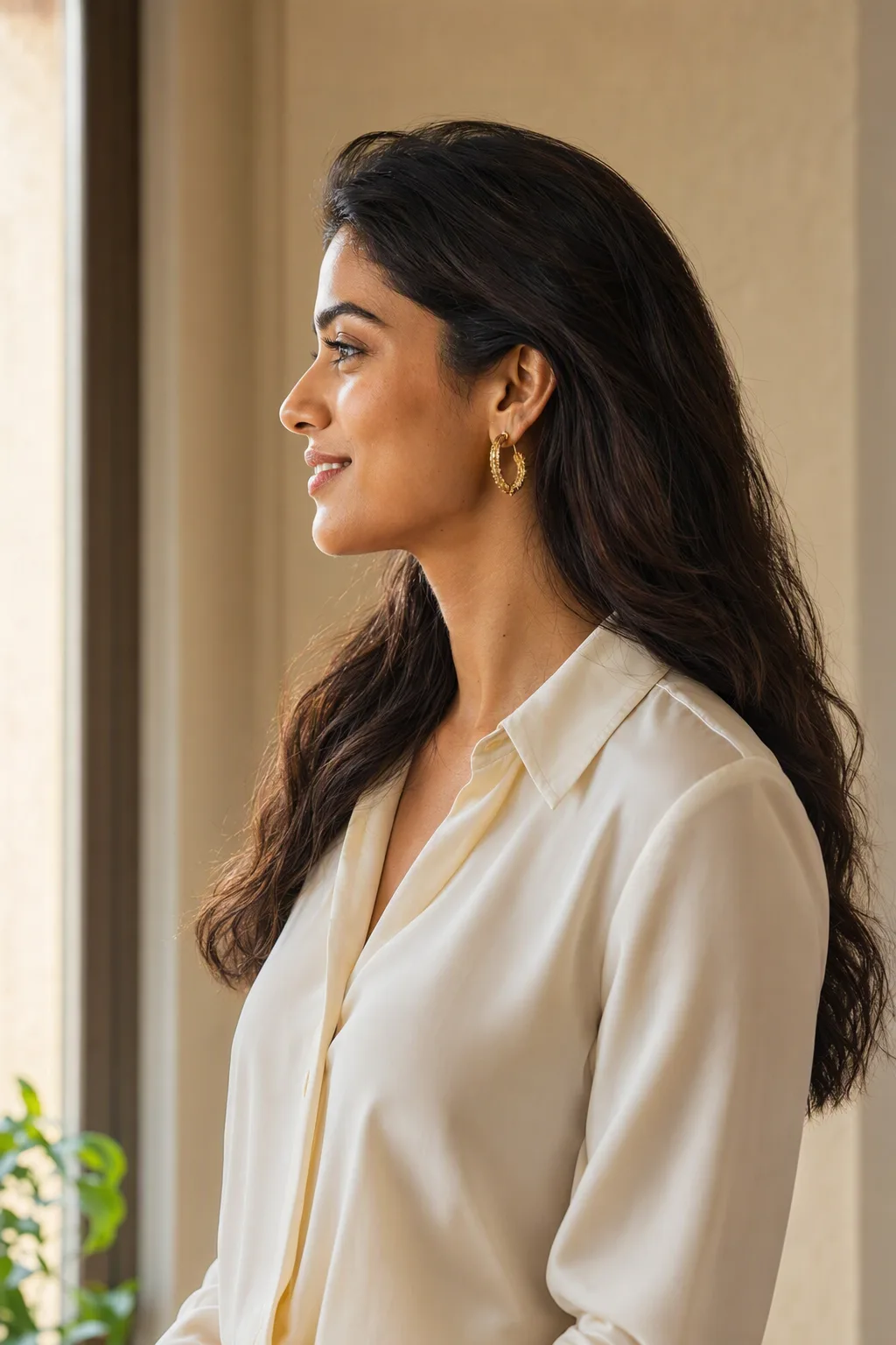 She stands by a window, seen from the side, her hair brushed back, in an ivory blouse and a gold hoop earring.