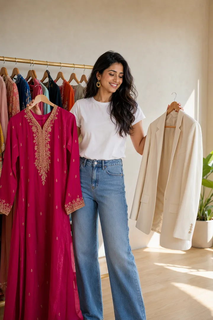 She holds up a pink kurta in one hand and an ivory blazer in the other, in front of a rail of her clothes, and smiles as she chooses.