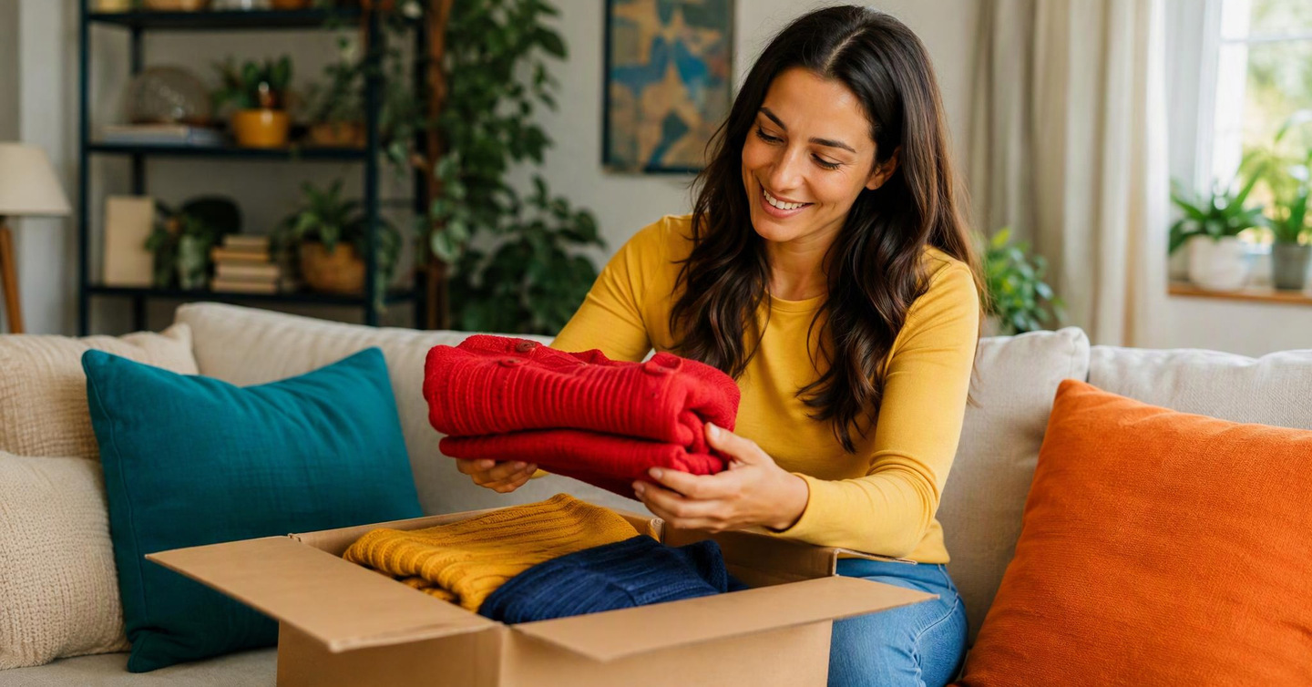 A smiling woman on a sofa lifts a folded red sweater out of an open delivery box of clothes.