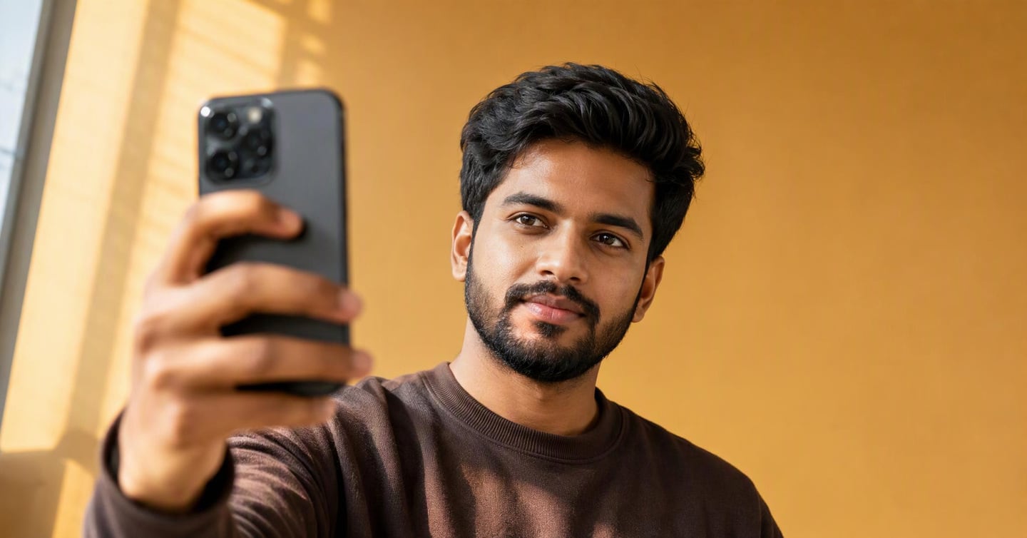 A young man takes a selfie with his phone in bright window light, with neat hair and a trimmed beard.