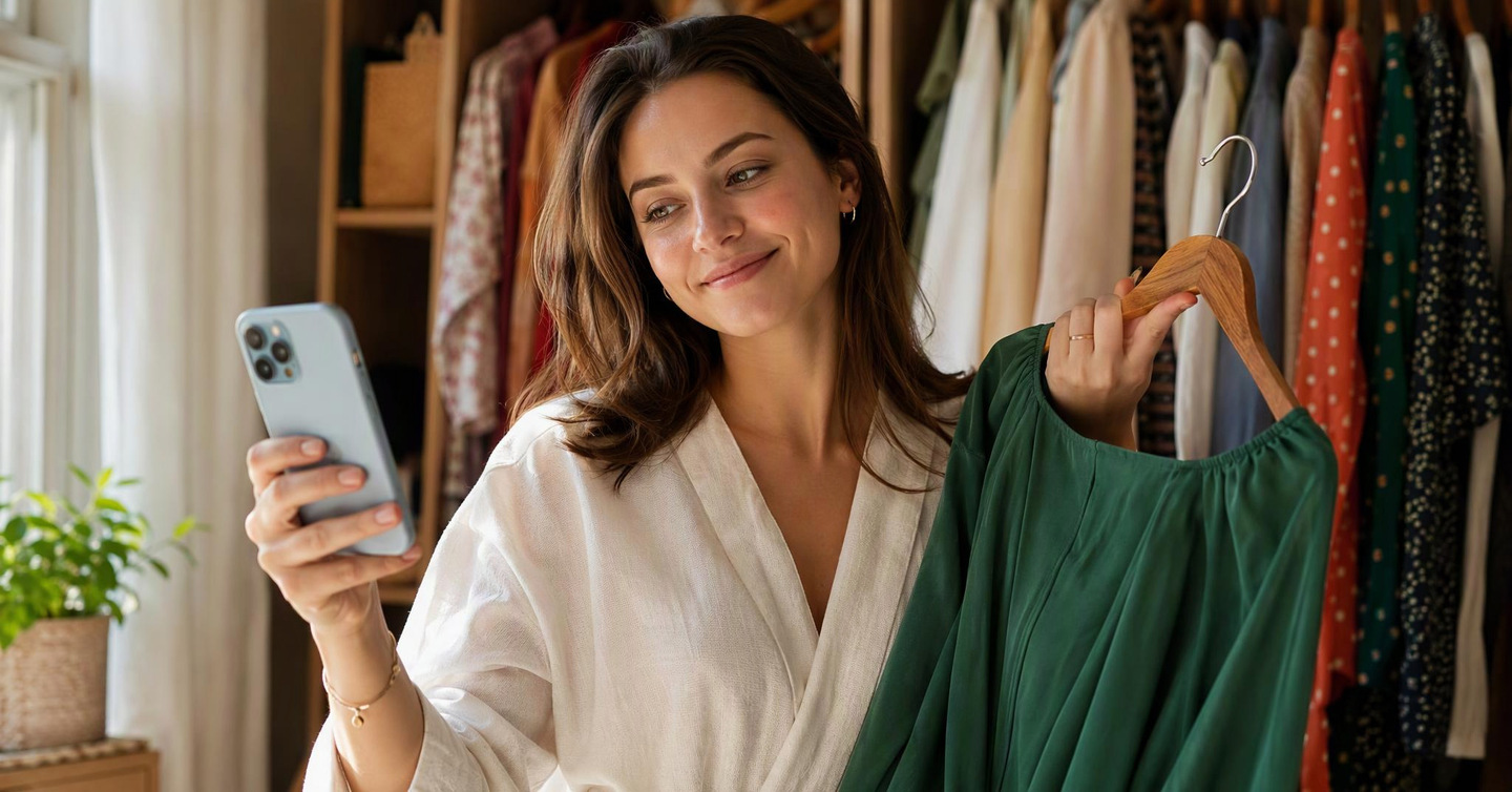 A woman holds a phone in one hand and a green dress on a hanger in the other, in front of an open wardrobe.