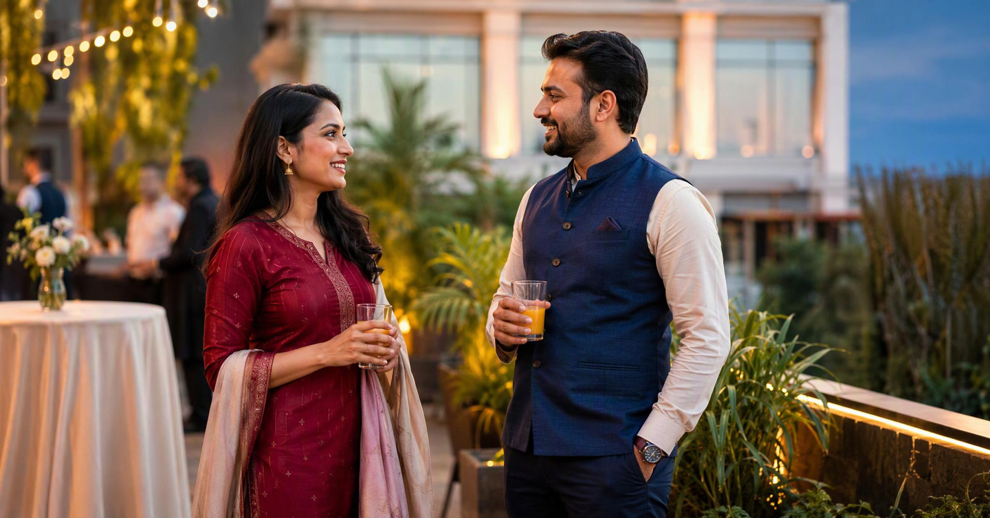 A smiling woman in a wine-red kurta set with a pink dupatta talks with a man in a navy Nehru jacket over a cream shirt, both holding glasses of juice at an evening party on a rooftop.
