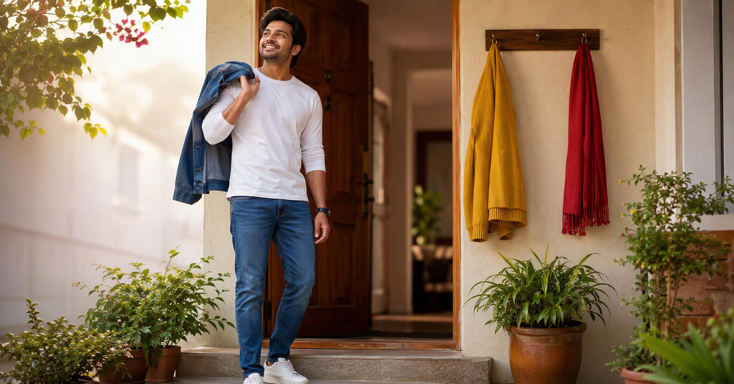 A smiling man in a white long-sleeved T-shirt and jeans stands at his front door with a blue denim jacket over his shoulder and looks up at the sky, with a yellow sweater and a red scarf on hooks beside him.