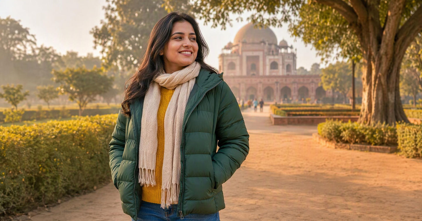 A smiling woman in a mustard sweater, an open green padded jacket and a cream scarf stands in a park on a hazy winter morning, with an old domed tomb behind her.