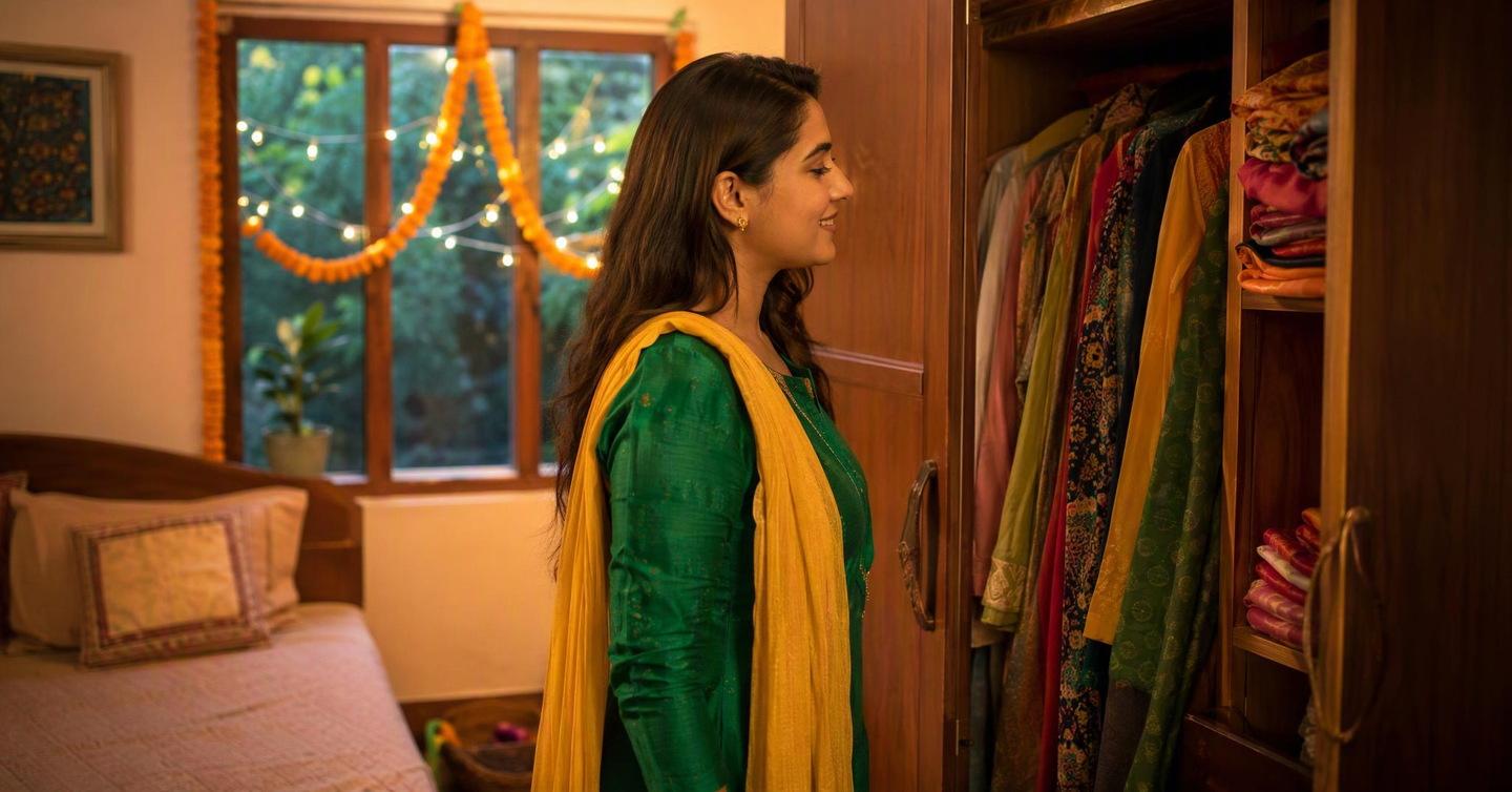 A woman in a green kurta and a yellow dupatta smiles at the clothes hanging in her open wardrobe at home, with marigolds and string lights at the window behind her.