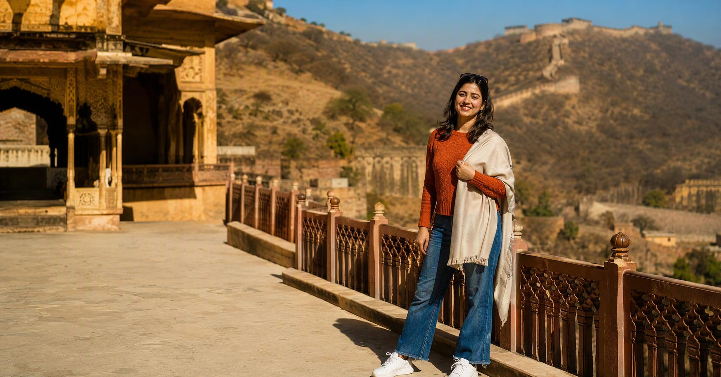 A smiling woman in a rust orange sweater, with a cream shawl over one shoulder and sunglasses pushed up on her head, stands on the sunny terrace of an old sandstone fort with hills behind her.