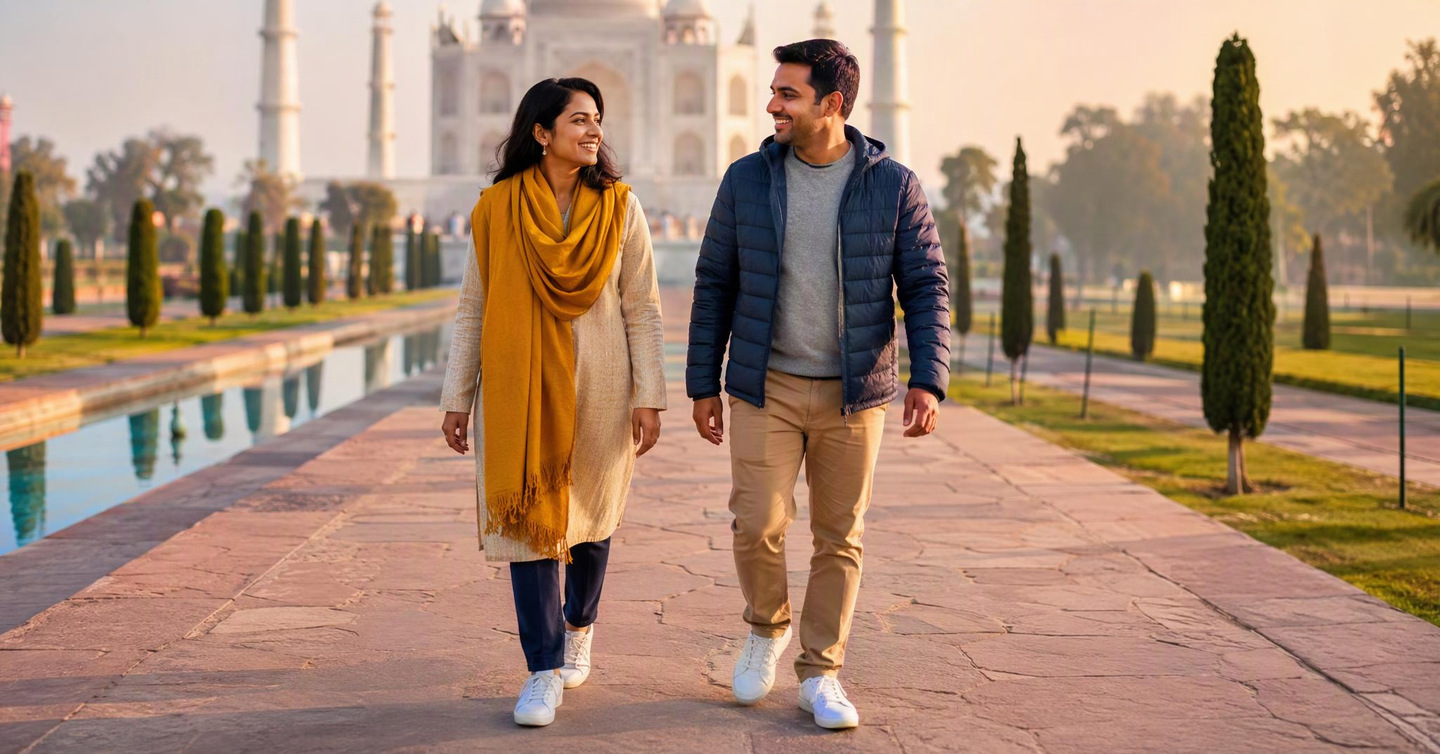 A smiling woman in a mustard yellow shawl over a cream kurta and a man in a navy padded jacket over a gray sweater walk on a stone garden path on a winter morning, with a white marble tomb behind them.