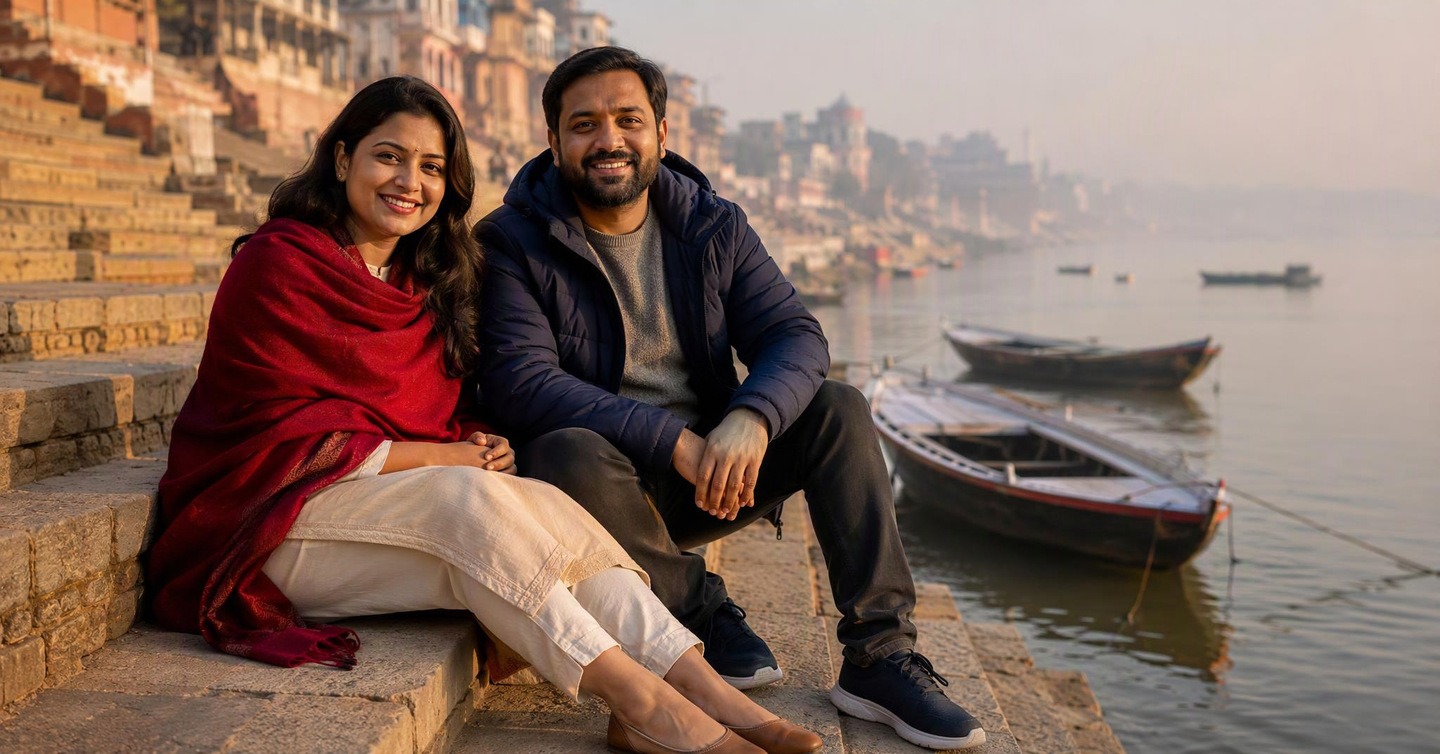 A smiling woman in a red wool shawl over a cream kurta and a man in a navy padded jacket over a gray sweater sit on wide stone steps by a misty river at dawn, with wooden boats behind them.